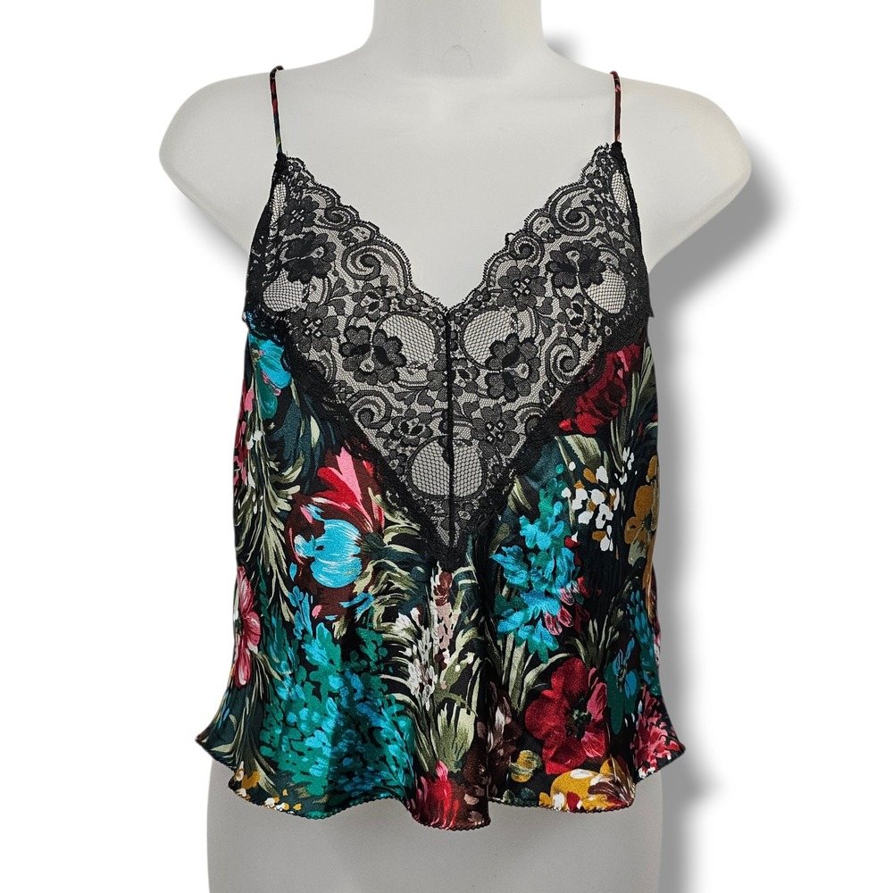 Vintage 90s Val Mode Cami M Women Colorful Floral Black Lace Trim Satin Camisole
